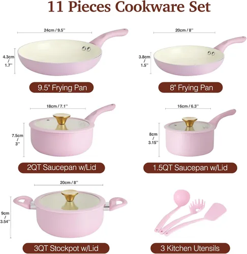 Vista 2 de M MELENTA Juego de ollas y sartenes antiadherentes, juego de utensilios de cocina de cerámica rosa, utensilios de cocina de inducción de 11 piezas