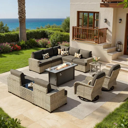 Vista 34 de HOOOWOOO Juego de muebles seccionales de patio con mesa de luz solar, 6 piezas de mimbre para exteriores, sofá en forma de L, juego de conversación