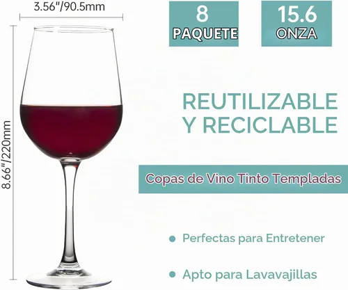 Vista 2 de Elegante juego de 8 copas de vino tinto templadas de 15 onzas