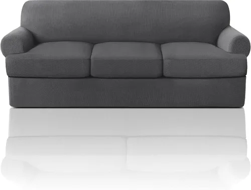 Vista 3 de Paquete de fundas de sofá con cojín en forma de T de 3/4 piezas, protector de muebles, patrón a cuadros, extraíbles y lavables, color gris