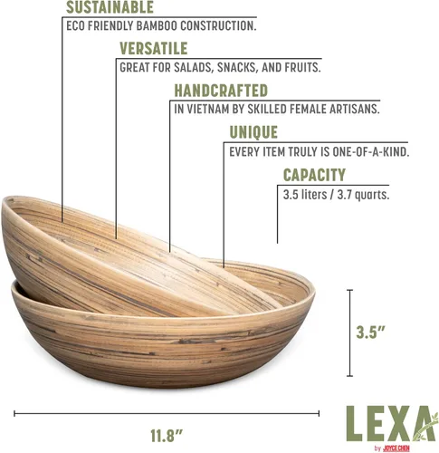 Vista 3 de LEXA Ensaladera de bambú hecha a mano de 12 pulgadas, cuenco de fruta grande de madera de 130 onzas para encimera de cocina, bambú negro, paquete