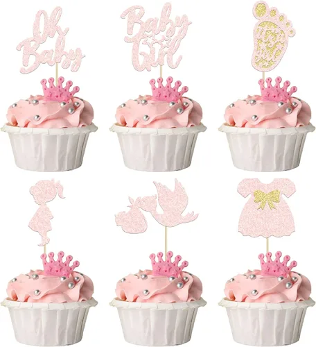 Vista 10 de 24 adornos para cupcakes con purpurina para baby shower, para baby shower, temática de revelación de género, decoraciones para pasteles para baby