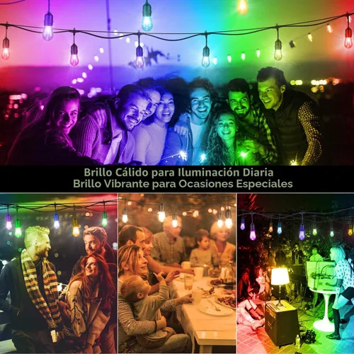 Vista 8 de Mlambert Luces de patio al aire libre de 48 pies, impermeables, regulables con control remoto, cadena de luces LED RGB Cafe con 15 bombillas Negro