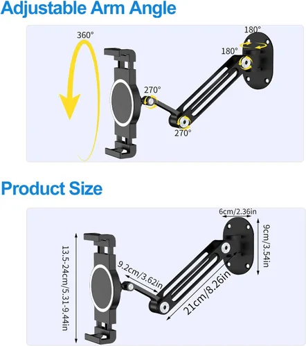 Vista 6 de soporte de pared para iPad, giratorio y basculante, soporte de pared para tableta de aluminio, base de rotación 360°, ajustable y plegable
