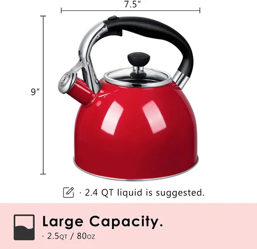 Vista 2 de Hervidor de té silbante: hervidor de acero inoxidable de 2.5 cuartos con fondo de cápsula y tapa de vidrio resistente al calor (rojo) Tetera roja
