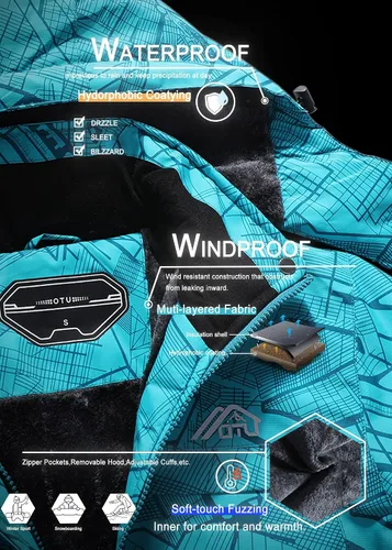 Vista 7 de OTU - Chaqueta de esquí impermeable para mujer, cortavientos, abrigo de nieve con capucha para invierno