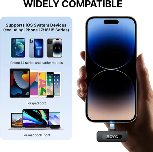 Vista 6 de BOYA by-V1 Micrófonos inalámbricos para iPhone iPad con puerto Lightning certificado MFi, rango de 328 pies, vida de batería de 9H, reducción