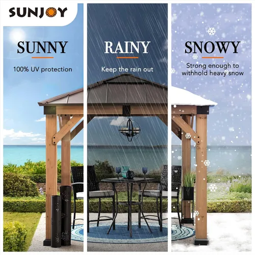 Vista 9 de Kiosco con techo rígido Sunjoy de 9 x 9 pies. Gazebo de madera con estructura de cedro mejorado con techo de acero marrón y policarbonato a dos