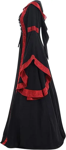 Vista 2 de MeikoHome Vestido renacentista para mujer, vestido gótico con capucha y manga acampanada, vestido victoriano medieval con cordones, disfraz