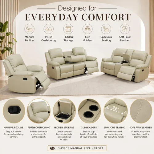 Vista 3 de Juego de sofá reclinable manual de 3 piezas, juego de muebles de sala de estar de tela beige con sofá reclinable de 3 asientos, sofá biplaza