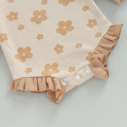 Vista 12 de Ropa de bebé recién nacida, sudadera floral de manga larga, mameluco con volantes, diadema de gofre, traje de otoño de una pieza