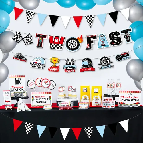 Vista 6 de Decoración de dos cumpleaños rápidos, pancarta de papel de autos