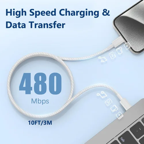 Vista 5 de Cargador de carga rápida para iPhone 17, 16, 15, paquete de 2 cables de carga rápida USB C a C de 10 pies, cable de carga rápida de 20 W, bloque