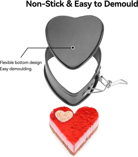 Vista 6 de Molde para tartas de molde desmontable con forma de corazón, molde de acero al carbono, mini moldes para hornear con base extraíble, sartén