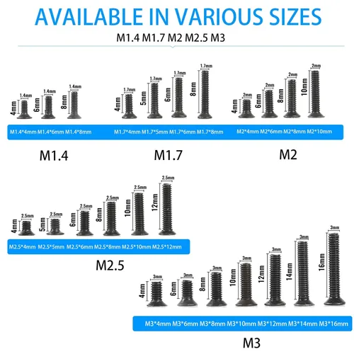 Vista 4 de Juego de tornillos para portátil de 720 piezas, kit de tornillos de repuesto para computadora, M1.4, M1.7, M2, M2.5, M3 cabeza plana avellanada