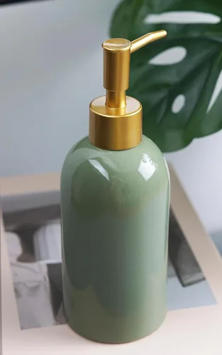 Vista 7 de Paquete de 2 dispensadores de jabón de cerámica verde con bomba dorada, botella dispensadora de loción cilíndrica de diseño moderno, dispensador
