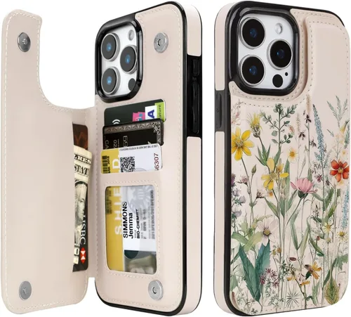 Vista 13 de uCOLOR - Funda tipo cartera para iPhone 15 con tarjetero y diseño de lunares con leche de almendra Bloqueo RFID de piel sintética para mujeres