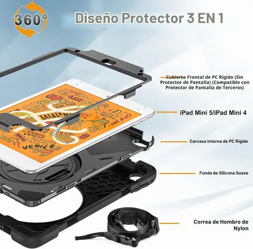 Vista 7 de BRAECNstock para Apple iPad mini 5/4 Funda 2019/2015 19,9 cm, Funda Protectora a Prueba de Golpes con Soporte para Lápices, Correa Giratoria
