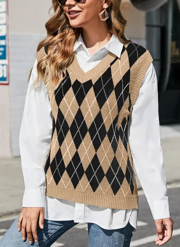 Vista 2 de HOCOSIT Chaleco de punto con cuello en V para mujer, estilo preppy a cuadros, sin mangas, suéter corto