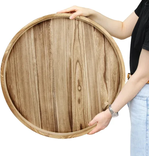 Vista 20 de Gurfuy Bandeja de madera rústica de 20 pulgadas para servir – Bandeja redonda extragrande para mesa de café decorativa de granja de gran