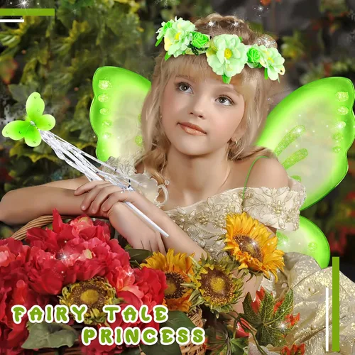 Vista 4 de Geyoga Disfraz de princesa para niños con alas de mariposa tutú varita y diadema de corona floral para niños de 3 a 8 años