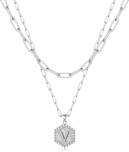 Vista 48 de M MOOHAM - Delicado collar de oro para mujer, de 14 quilates, en capas, lindos collares con letra hexagonal con inicial para mujer, regalos