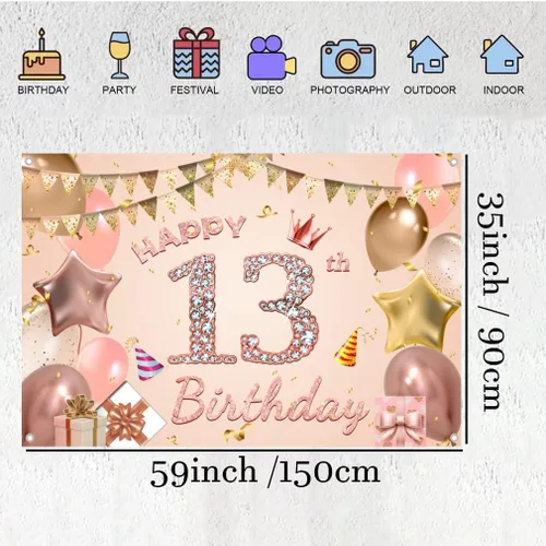 Vista 2 de Cartel de tela para decoración de cumpleaños número 13 para niñas de 13 años, cartel de tela para fiesta de cumpleaños de niña, fondo de foto rosa