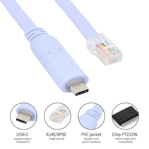 Vista 2 de QIANRENON Cable de consola USB-C Cisco, cable de depuración de consola USB C a RJ45 con chip FTDI, cable adaptador USB tipo C a serie RJ45