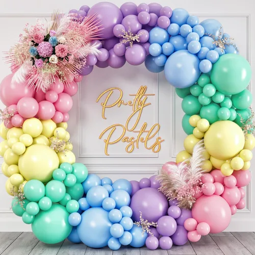 Vista 9 de Kit de arco de globos pastel todo en 1 para decoraciones de fiesta pastel – Globos de fiesta arcoíris de primavera de Pascua para cumpleaños