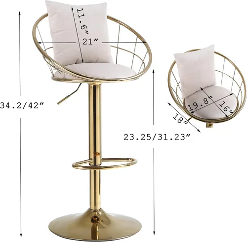 Vista 17 de Taburetes de bar giratorios de terciopelo con respaldo bajo y reposapiés, taburetes de bar ajustables con almohada, taburete de bar dorado de lujo
