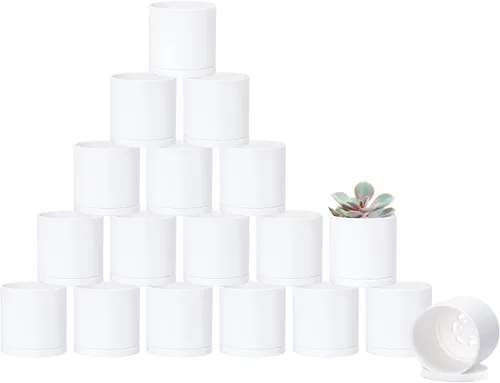 Vista 9 de D'vine Dev - Paquete de 2 macetas de plástico modernas de 4 pulgadas, pequeñas macetas de jardín para plantas con orificios de drenaje y platillos