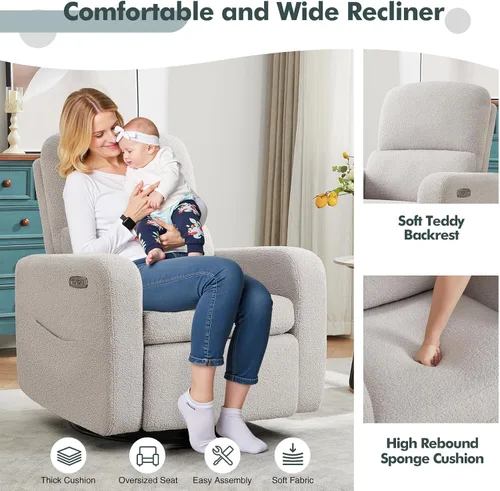 Vista 5 de Mecedora giratoria mecedora eléctrica, silla reclinable para cuarto Gris