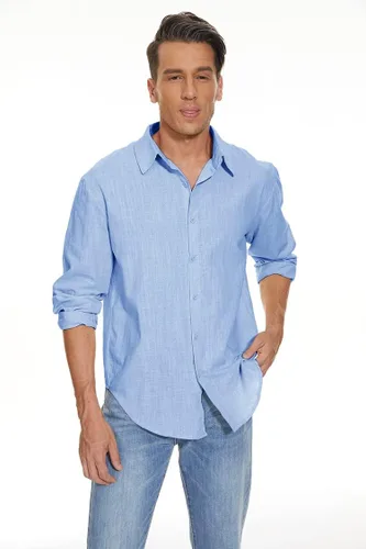 Vista 2 de Camisas de algodón y lino de manga larga para hombre, con botones, para playa, yoga, informal, para verano