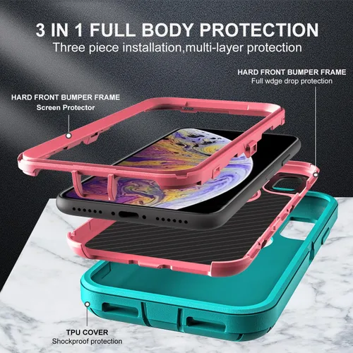 Vista 4 de YKHJKLEC Funda para iPhone X/iPhone Xs, grado militar 3 en 1, resistente a los golpes, a prueba de caídas, polvo con 2 protectores de pantalla