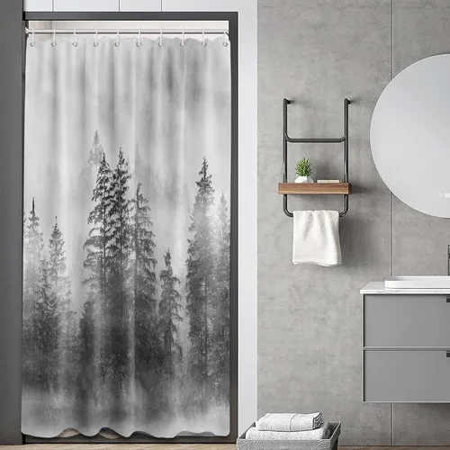 Vista 2 de Cortina de ducha estrecha para hombre, diseño de bosque negro y gris, para casa rodante, juego de decoración de baño, tela impermeable con ganchos