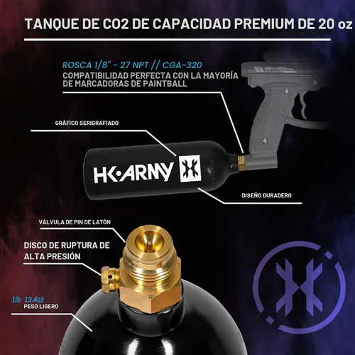 Vista 3 de HK Army 20oz Aluminum CO2 Tank - High Pressure Compressed Air System for Paintball & Airsoft Gear