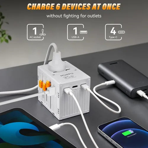 Vista 2 de Adaptador de viaje universal Adaptador de corriente internacional con 4 puertos USB-C y 1 USB-A