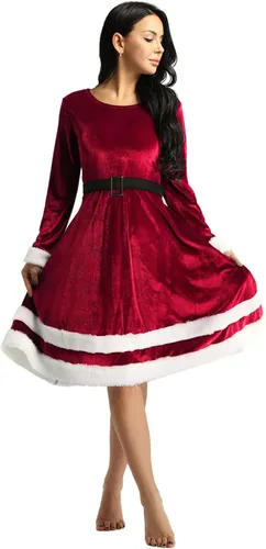 Vista 2 de JEATHA Disfraz de terciopelo de Navidad para mujer, vestido de manga larga con vuelo, vestido de Navidad