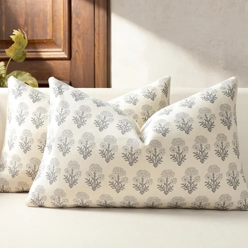 Vista 12 de Juego de 2 fundas de almohada florales de 20 x 20 pulgadas, fundas de almohada con diseño botánico campestre para sofá, cama, sala de estar, fundas