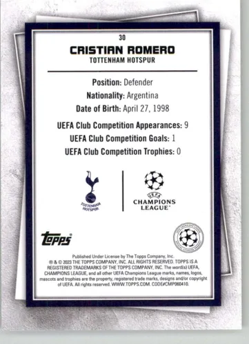 Vista 2 de Topps UEFA Superstars Common Yellow #30 Cristian Romero Tottenham Hotspur - Trading Card oficial de fútbol de la UCL 2022-23 en estado crudo