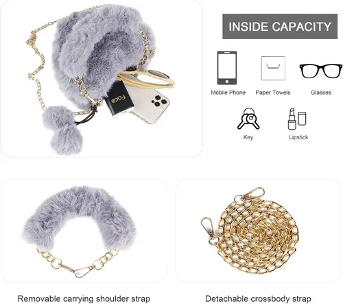 Vista 3 de SUKUTU Faux Fur Purse Women's Heart Shaped Evening Handbags Small Cute Phone Crossbody Bag Clutches for Girls
