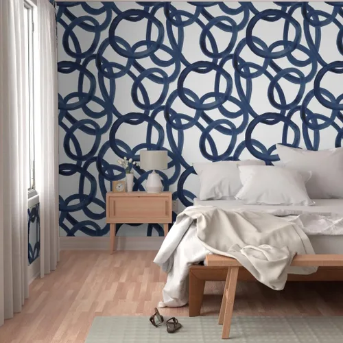 Vista 5 de Muestras de papel tapiz autoadhesivo – Círculos extra grandes, color azul marino y blanco, papel pintado extraíble personalizado por Spoonflower