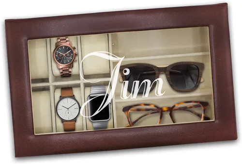 Vista 6 de The Wedding Party Store Caja personalizada para relojes y lentes de sol, estuche organizador de relojes y lentes grabado personalizado (marrón)
