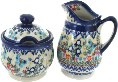 Vista 7 de Set de crema y azúcar de flor de manzana y cerámica polaca de rosa azul