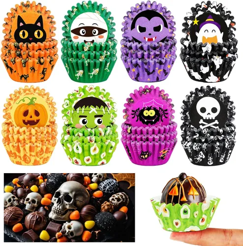 Vista 11 de AUGSUN 800 piezas de mini moldes para cupcakes de Navidad, envolturas para cupcakes con diseños de Santa, muñeco de nieve, bosque, moldes mini