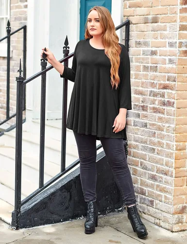 Vista 4 de MONNURO Blusa básica de manga 34 para mujer, estilo casual, ajuste holgado, talla grande, túnica
