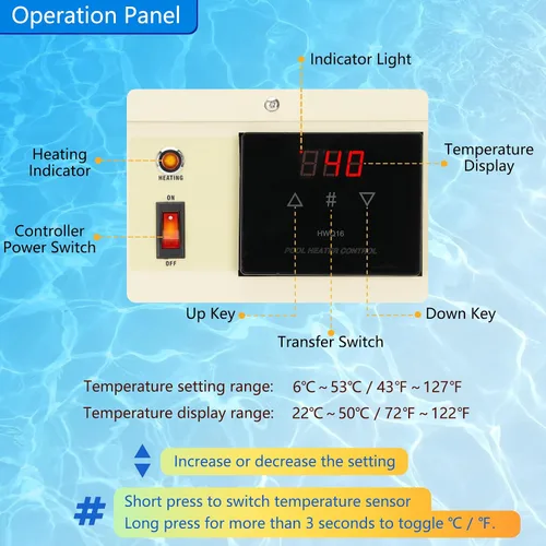 Vista 3 de Calentador de piscina de 11KW 240V para piscina sobre el suelo, calentador eléctrico de piscina con pantalla táctil, termostato de bañera