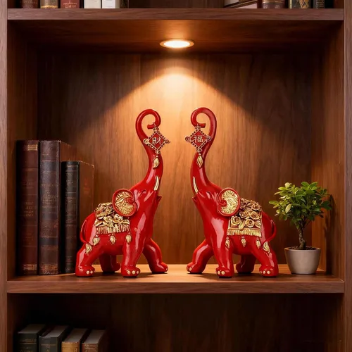 Vista 7 de Estatuas de elefante rojo para decoración del hogar, un par de estatuas de elefante de la suerte rojas y esculturas decorativas para la sala