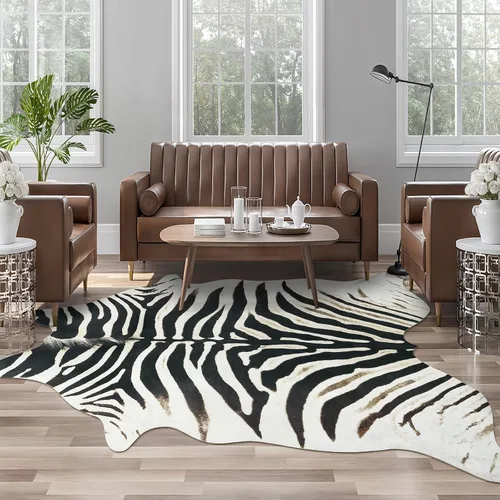 Vista 10 de Alfombra de piel de vaca sintética AROGAN, alfombra premium con estampado de vaca para decoración occidental boho, piel de vaca para dormitorio Negro