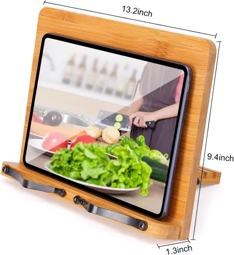 Vista 2 de MEGREZ Soporte de bambú para libros de 13.2 x 9.4 pulgadas, soporte plegable para libros de cocina con 6 alturas ajustables, soporte para libros